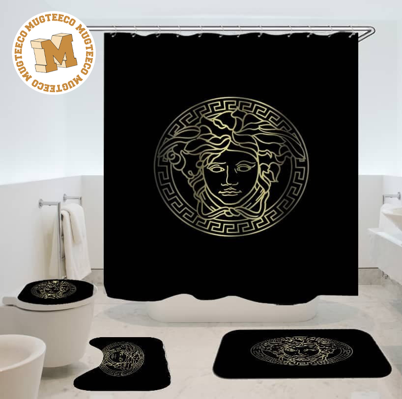 Versace Big Golden Gradient Medusa In Black Background Bathroom Shower Curtain Set Versace Big Golden Gradient Medusa In Black Background Bathroom Shower Curtain Set