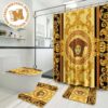 Versace Big Golden Logo And Baroque Pattern In Blue Background Bathroom Accessories Set Versace Big Golden Logo And Baroque Pattern In Blue Background Bathroom Accessories Set