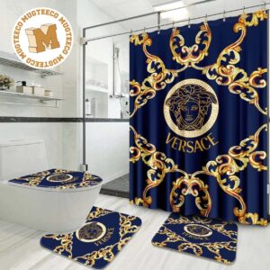 Versace Big Golden Logo And Baroque Pattern In Blue Background Bathroom Accessories Set