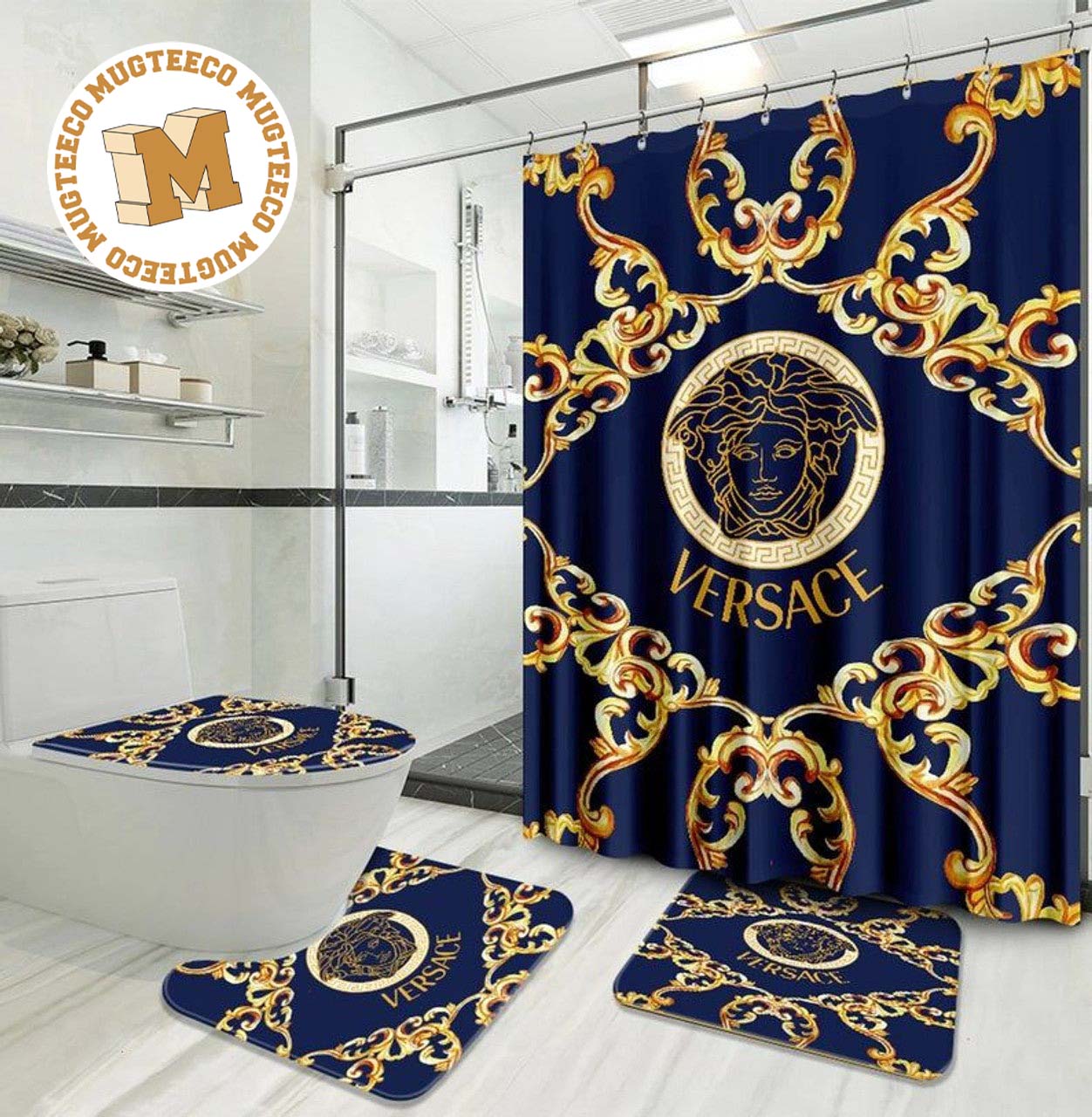 Versace Big Golden Logo And Baroque Pattern In Blue Background Bathroom Accessories Set Versace Big Golden Logo And Baroque Pattern In Blue Background Bathroom Accessories Set