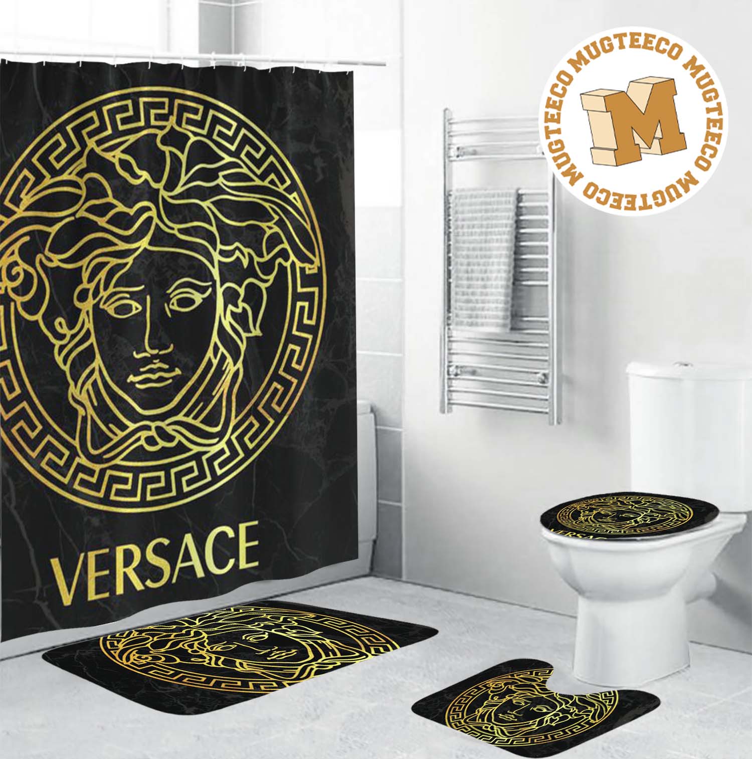 Versace Big Golden Medusa In Dark Marble Theme Bathroom Accessories Set Versace Big Golden Medusa In Dark Marble Theme Bathroom Accessories Set