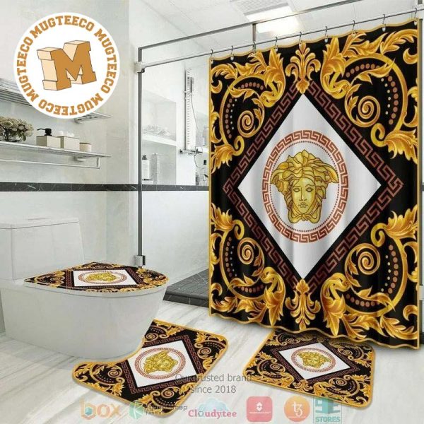 Versace Big Golden Signature With Baroque Pattern Bathroom Shower Curtain Set Versace Big Golden Signature With Baroque Pattern Bathroom Shower Curtain Set