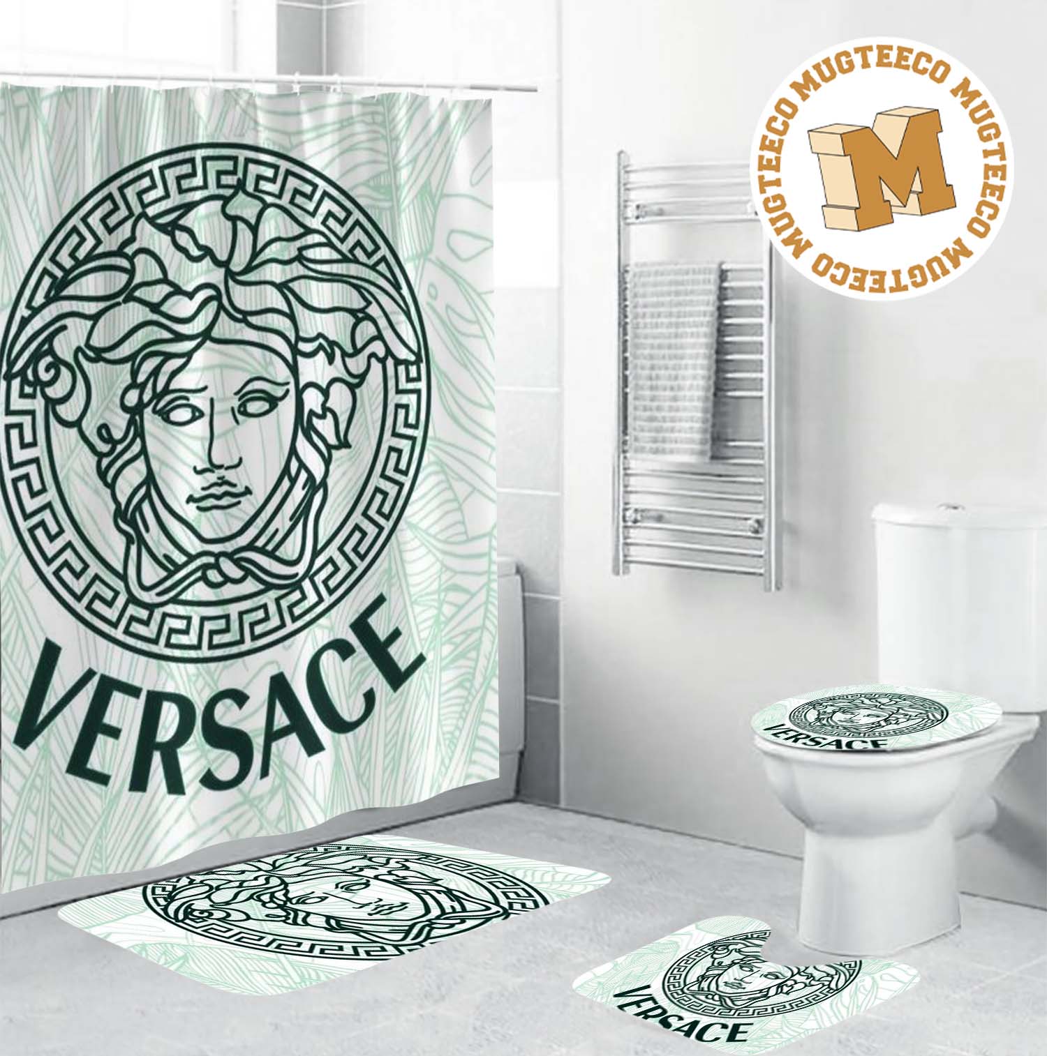 Versace Big Green Signature In White Theme Background Bathroom Accessories Set Versace Big Green Signature In White Theme Background Bathroom Accessories Set