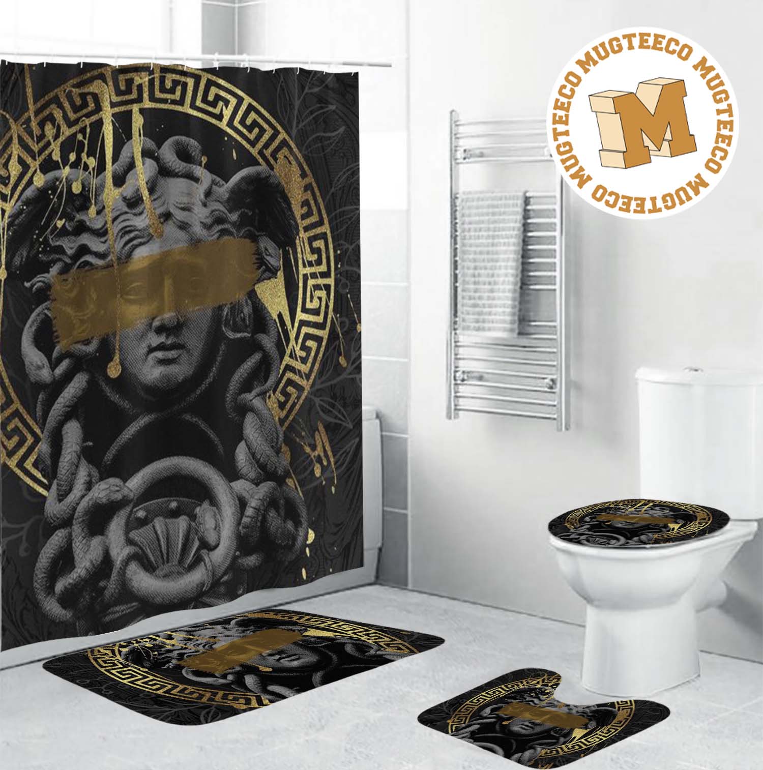 Versace Big Grey Signature With Golden Greca Border In Dark Theme Background Bathroom Accessories Set Versace Big Grey Signature With Golden Greca Border In Dark Theme Background Bathroom Accessories Set