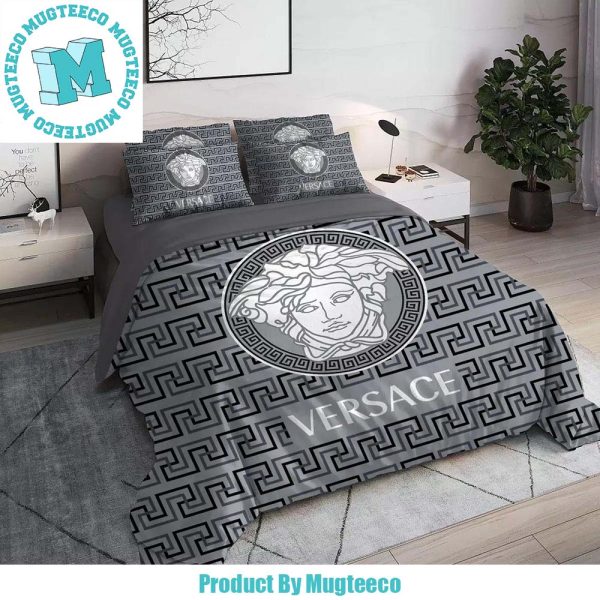 Versace Big Logo White Greca Boder In Grey Most Comfortable Bedding Set Versace Big Logo White Greca Boder In Grey Most Comfortable Bedding Set