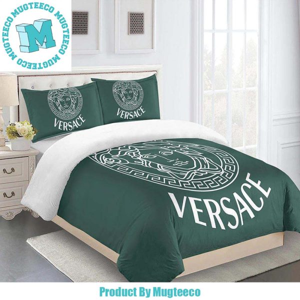 Versace Big Logo White In Deep Green Background Bedding Set King Size Versace Big Logo White In Deep Green Background Bedding Set King Size