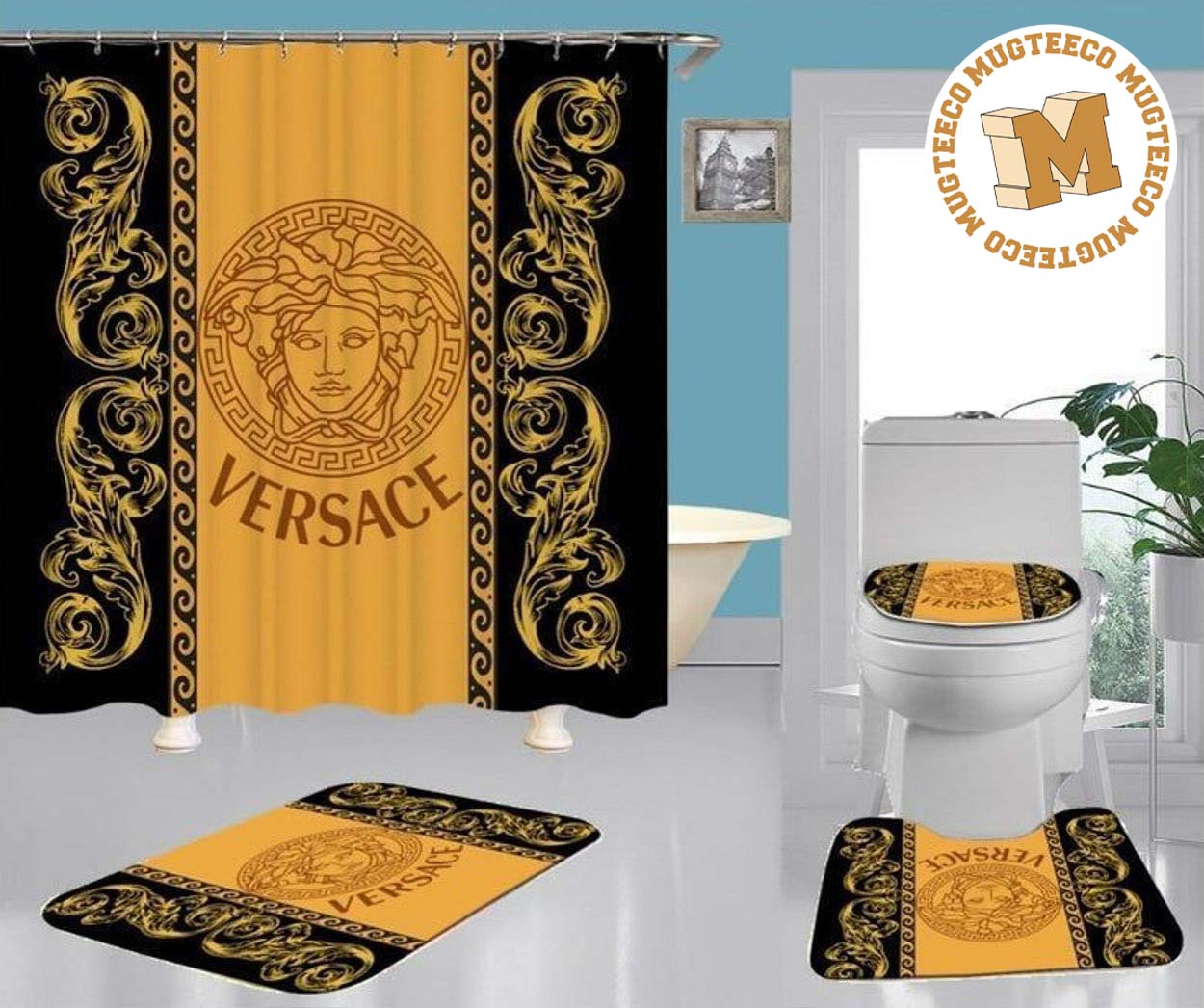 Versace Big Logo With Golden Baroque Pattern Bathroom Accessories Set Versace Big Logo With Golden Baroque Pattern Bathroom Accessories Set