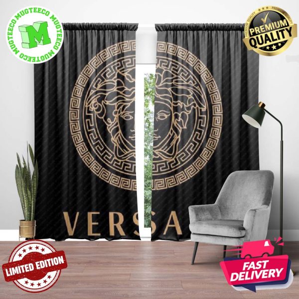 Versace Big Pink Signature Logo With Greca Border In Dark Theme Window Curtain Versace Big Pink Signature Logo With Greca Border In Dark Theme Window Curtain