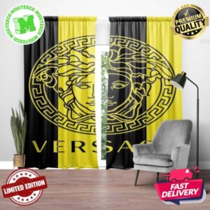 Versace Big Royal Black Logo In Black And Yellow Stripes Background Window Curtain