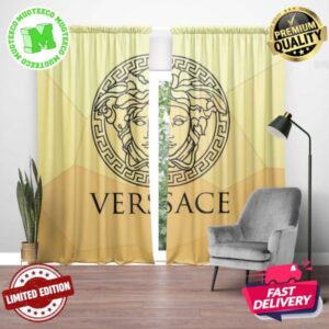 Versace Big Royal Black Logo Medusa Head With Greca Border In Beige Honeycomb Theme Window Curtain