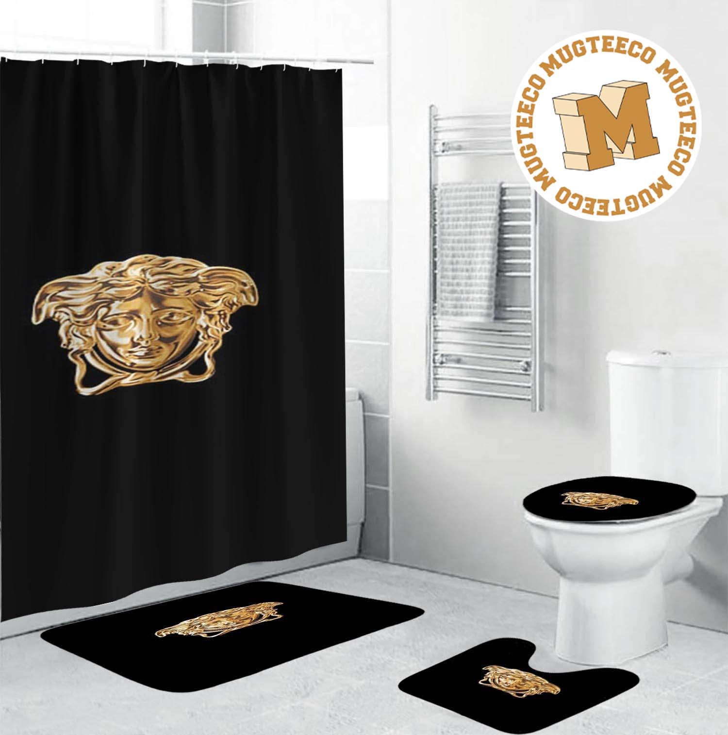 Versace Big Royal Golden Medusa In Black Base Bathroom Shower Curtain Set Versace Big Royal Golden Medusa In Black Base Bathroom Shower Curtain Set