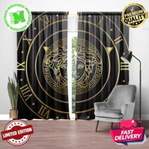 Versace Big Royal Golden Signature Logo In Roman Clock Border In Black Background Window Curtain