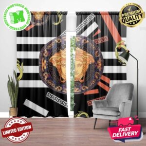 Versace Big Signature Black And Yellow Logo Medusa With Morden Pattern Baroque And Greca In Dark Theme Window Curtain