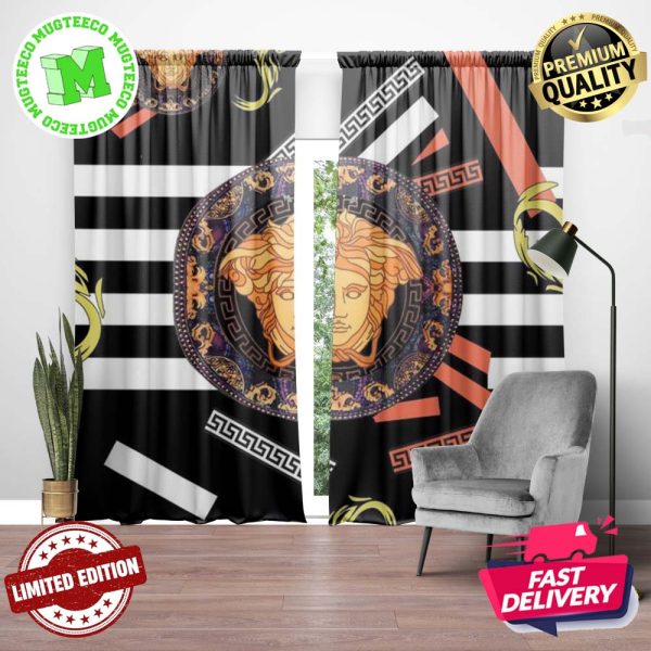 Versace Big Signature Black And Yellow Logo Medusa With Morden Pattern Baroque And Greca In Dark Theme Window Curtain Versace Big Signature Black And Yellow Logo Medusa With Morden Pattern Baroque And Greca In Dark Theme Window Curtain