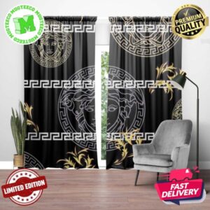 Versace Big Signature White And Golden Logo With Greca Stripes And Baroque Pattern In Black Background Window Curtain