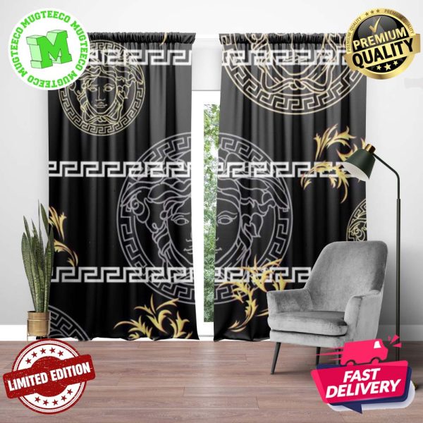 Versace Big Signature White And Golden Logo With Greca Stripes And Baroque Pattern In Black Background Window Curtain Versace Big Signature White And Golden Logo With Greca Stripes And Baroque Pattern In Black Background Window Curtain
