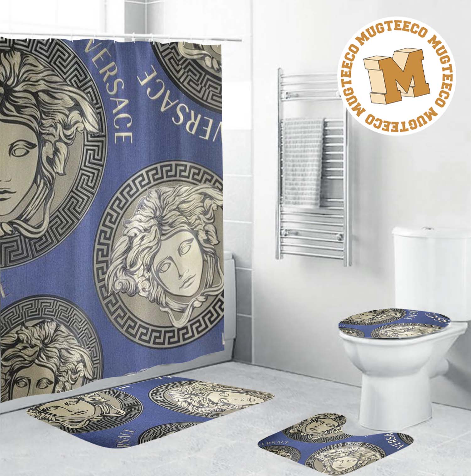 Versace Big Silver Signatures In Slate Blue Theme Background Bathroom Accessories Set Versace Big Silver Signatures In Slate Blue Theme Background Bathroom Accessories Set