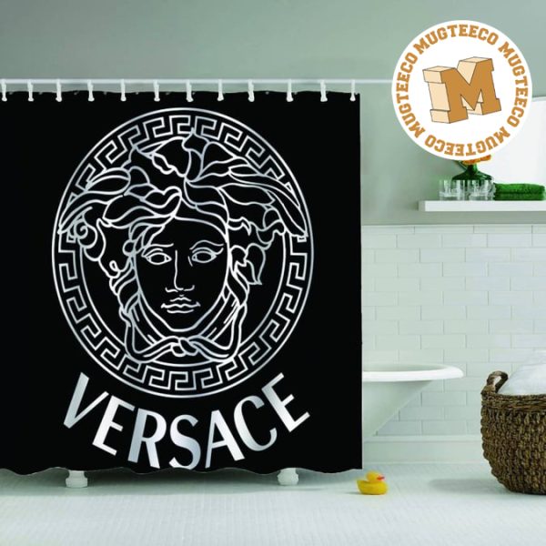 Versace Big White Gradient Medusa In Black Background Bathroom Shower Curtain Set Versace Big White Gradient Medusa In Black Background Bathroom Shower Curtain Set