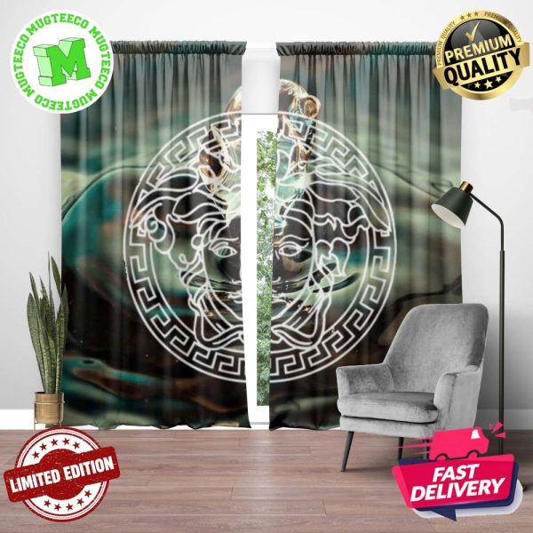 Versace Big White Luxury Logo In Water Droplet On Water Surface Background Window Curtain Versace Big White Luxury Logo In Water Droplet On Water Surface Background Window Curtain
