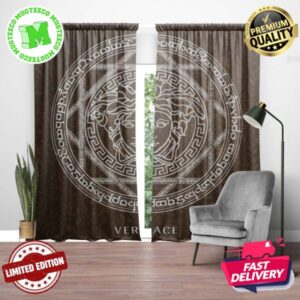 Versace Big White Signature Logo Medusa In Brown Baroque Pattern Background Window Curtain