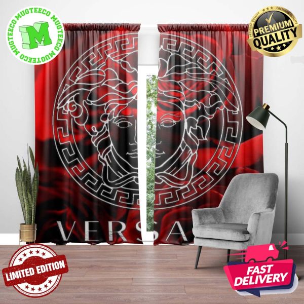 Versace Big White Signature Logo Medusa In Red Rose Theme Window Curtain Versace Big White Signature Logo Medusa In Red Rose Theme Window Curtain