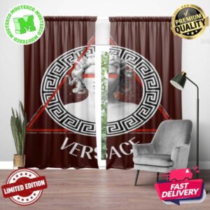 Versace Big White Signature Medusa Statue With Greca Border In Red Background Window Curtain