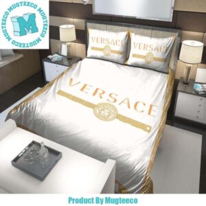 Versace Big Word Logo And Greca Border Yellow Pattern In White Background Bedding Set King Size