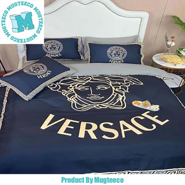 Versace Big Yellow Logo Greca Border Pattern In Blue Background Bedding Set Queen Versace Big Yellow Logo Greca Border Pattern In Blue Background Bedding Set Queen