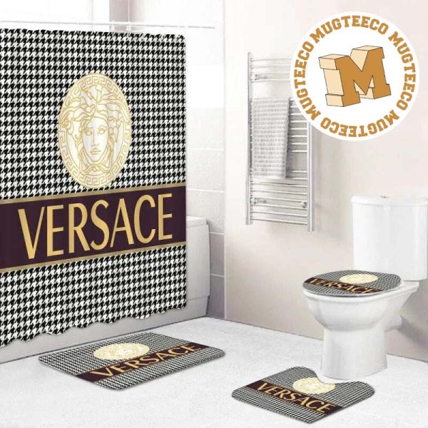 Versace Big Yellow Logo In Black And White Houndstooth Background Bathroom Shower Curtain Set Versace Big Yellow Logo In Black And White Houndstooth Background Bathroom Shower Curtain Set