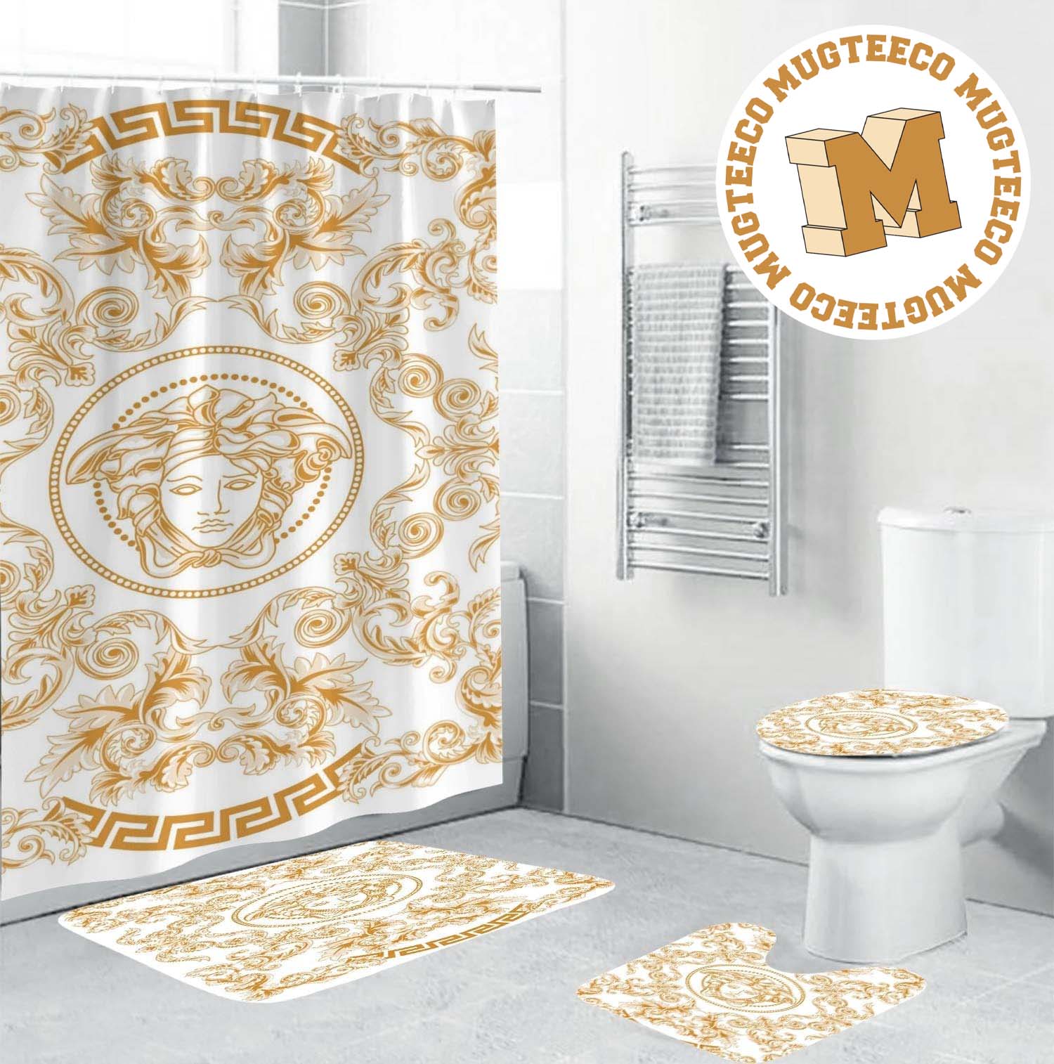 Versace Big Yellow Logo With Baroque And Greca Pattern In White Background Bathroom Accessories Versace Big Yellow Logo With Baroque And Greca Pattern In White Background Bathroom Accessories