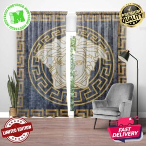 Versace Big Yellow Luxury Logo With Greca Border In Slate Mosaic Background Window Curtain