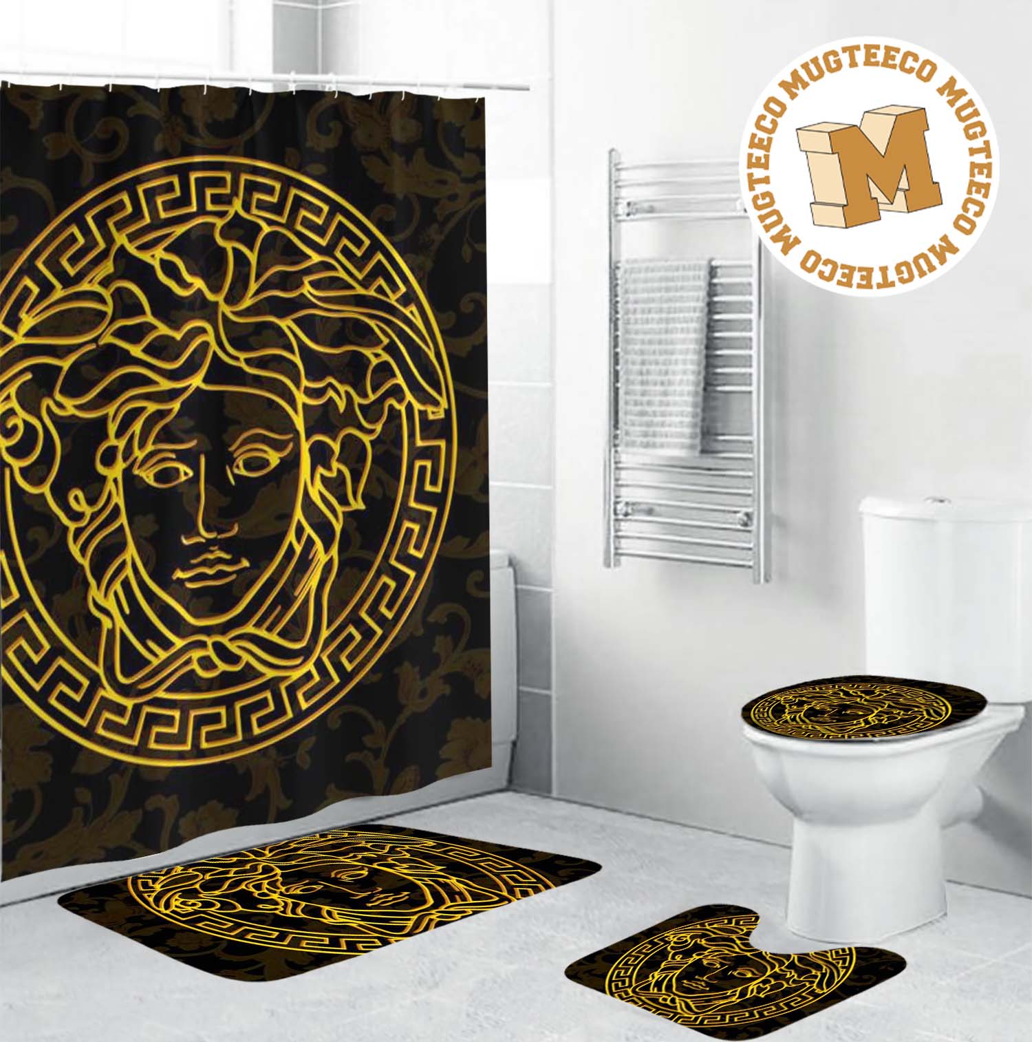 Versace Big Yellow Medusa With Baroque Pattern In Dark Theme Background Bathroom Accessories Set Versace Big Yellow Medusa With Baroque Pattern In Dark Theme Background Bathroom Accessories Set
