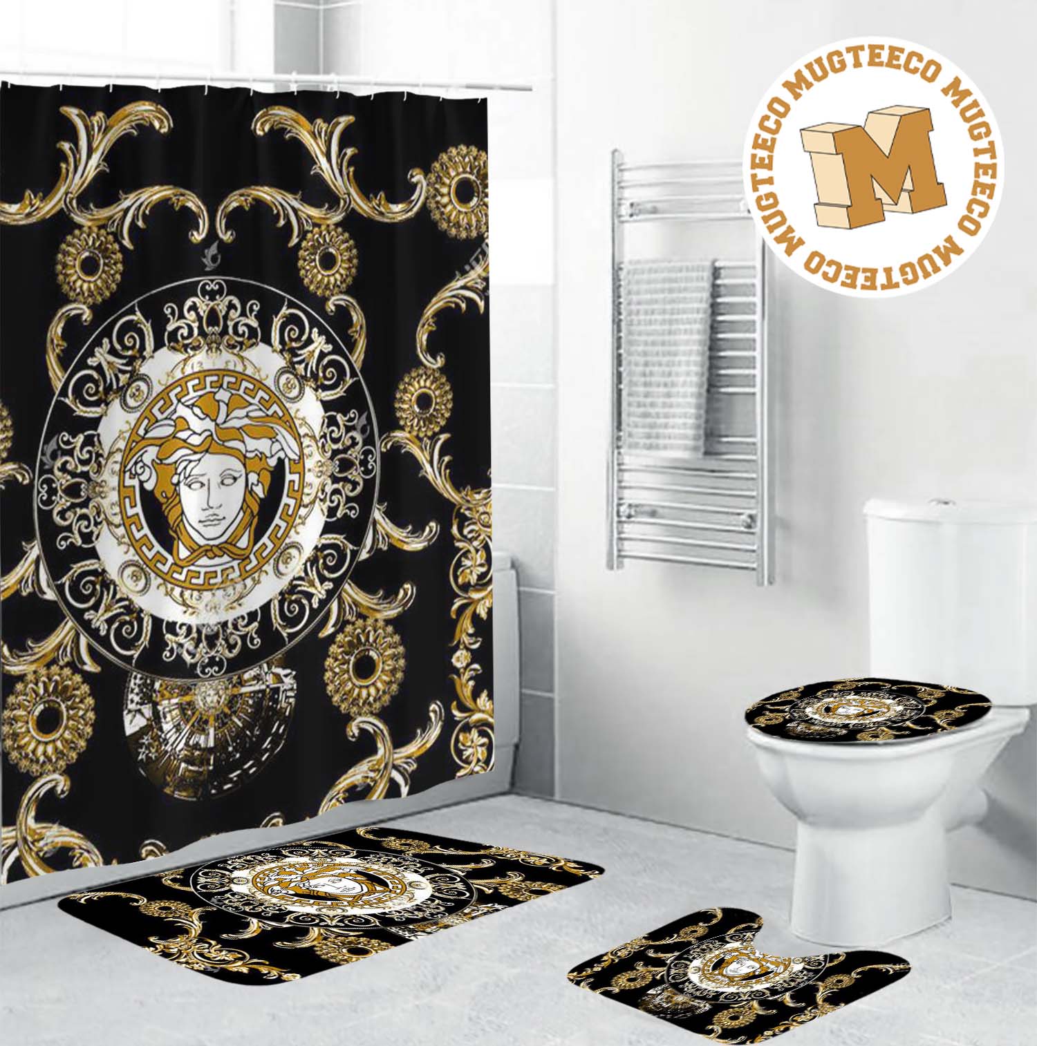 Versace Big Yellow Medusa and Baroque Pattern In Black Base Shower Curtains Versace Big Yellow Medusa and Baroque Pattern In Black Base Shower Curtains