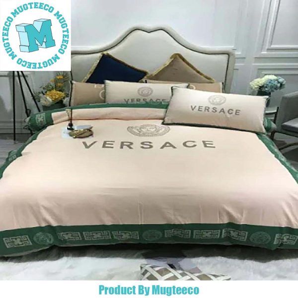 Versace Black Logo Greca Border Pattern In Milk-White and Green Background Bedding Set Queen Versace Black Logo Greca Border Pattern In Milk-White and Green Background Bedding Set Queen