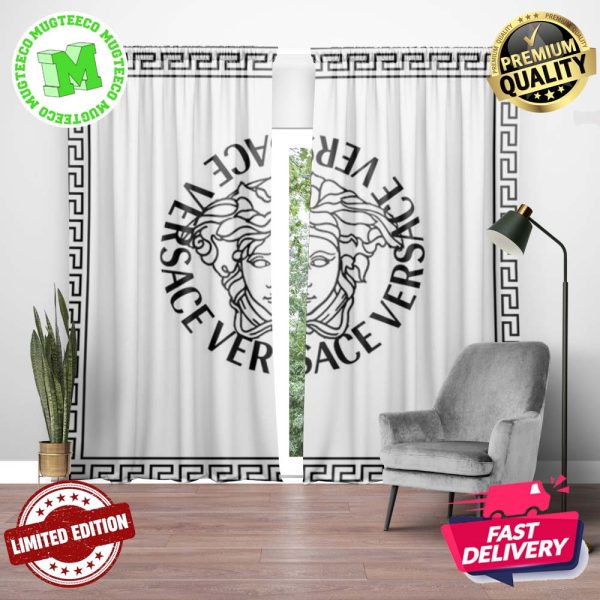 Versace Black Signature Logo Medusa With Greca Border In White Background Window Curtain Versace Black Signature Logo Medusa With Greca Border In White Background Window Curtain
