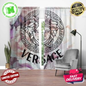 Versace Black Simple Signature Logo In Rose Floral Background Window Curtain
