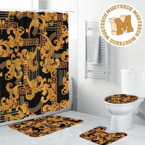 Versace Golden Baroque And Greca Pattern In Black Background Bathroom Accessories Set