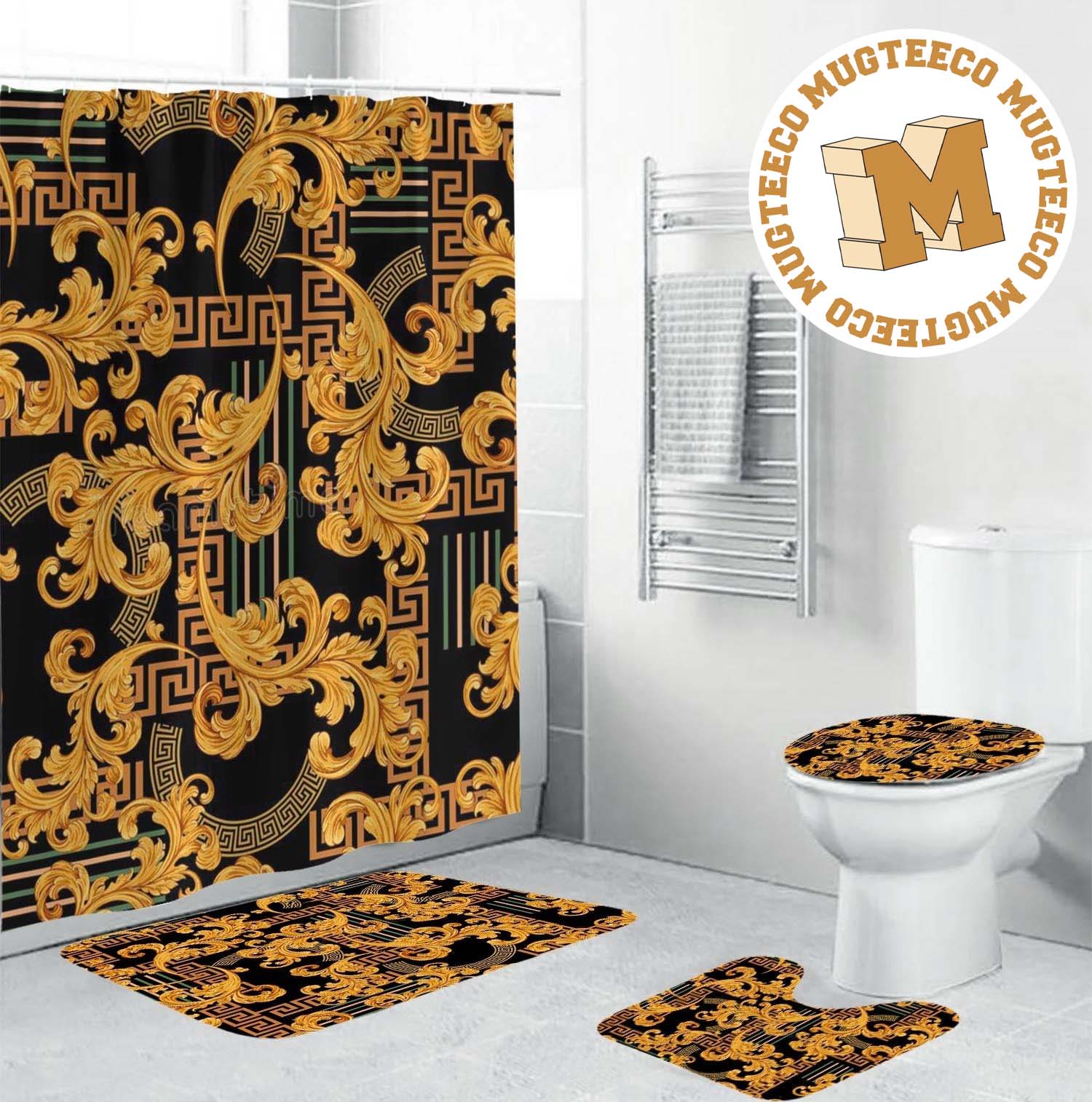 Versace Golden Baroque And Greca Pattern In Black Background Bathroom Accessories Set Versace Golden Baroque And Greca Pattern In Black Background Bathroom Accessories Set
