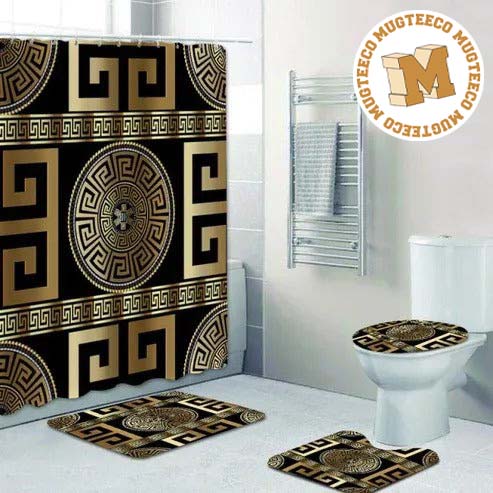 Versace Golden Greca Pattern In Black Background Bathroom Accessories Set Versace Golden Greca Pattern In Black Background Bathroom Accessories Set
