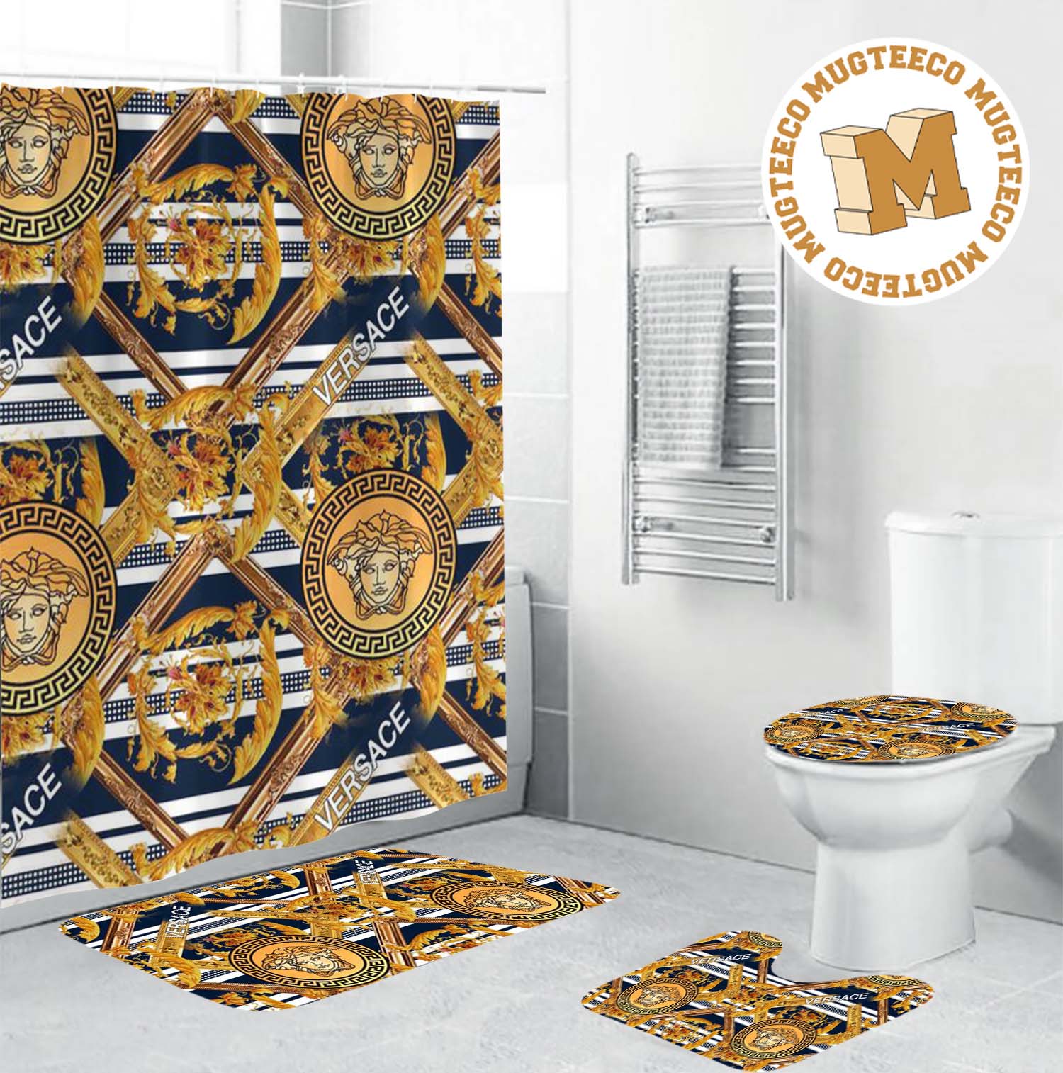 Versace Golden Logo With Greca And Baroque Pattern In Stripe Background Bathroom Accessories Set Versace Golden Logo With Greca And Baroque Pattern In Stripe Background Bathroom Accessories Set