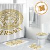 Versace Golden Logo With Greca And Baroque Pattern In Stripe Background Bathroom Accessories Set Versace Golden Logo With Greca And Baroque Pattern In Stripe Background Bathroom Accessories Set