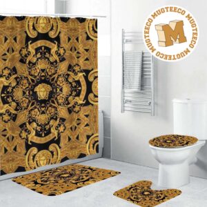 Versace Golden Signature With Paisley Pattern In Black Base Background Bathroom Accessories Set