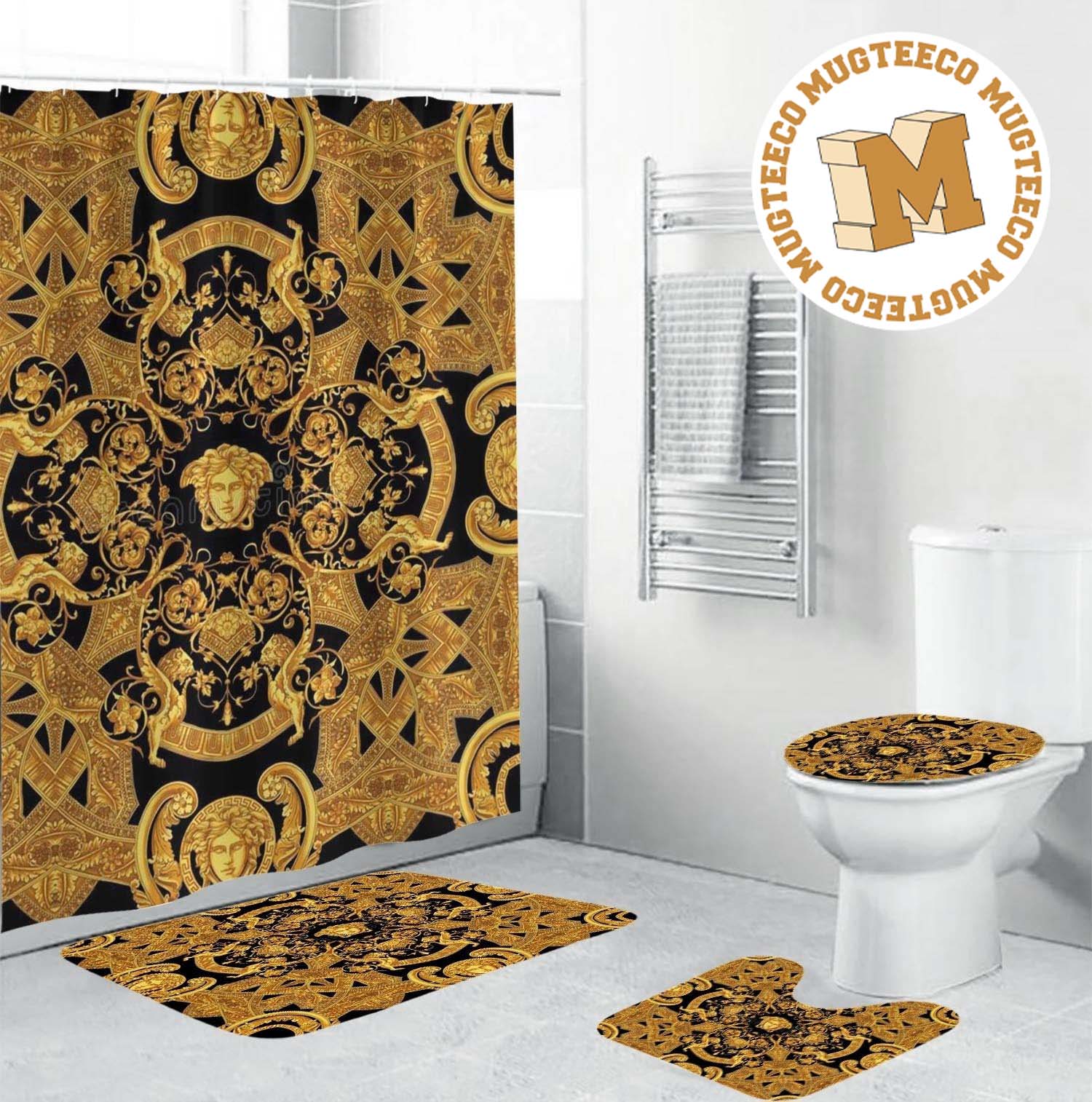 Versace Golden Signature With Paisley Pattern In Black Base Background Bathroom Accessories Set Versace Golden Signature With Paisley Pattern In Black Base Background Bathroom Accessories Set