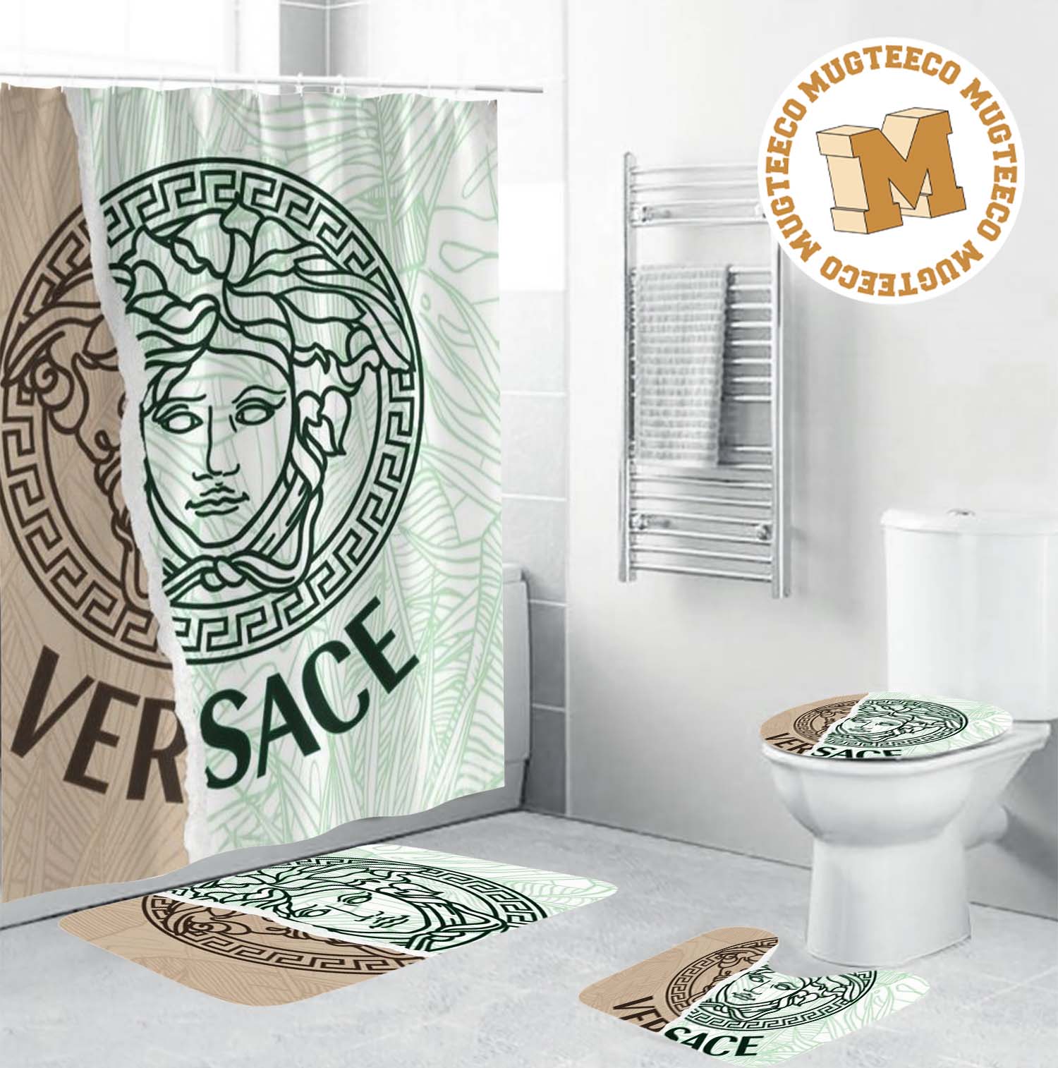 Versace Green Basic Medusa In Beige And White Background Bathroom Accessories Set Versace Green Basic Medusa In Beige And White Background Bathroom Accessories Set
