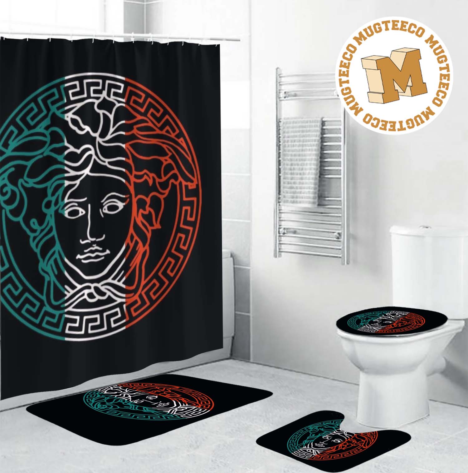 Versace Green White And Red Medusa In Black Theme Bathroom Shower Curtain Set Versace Green White And Red Medusa In Black Theme Bathroom Shower Curtain Set