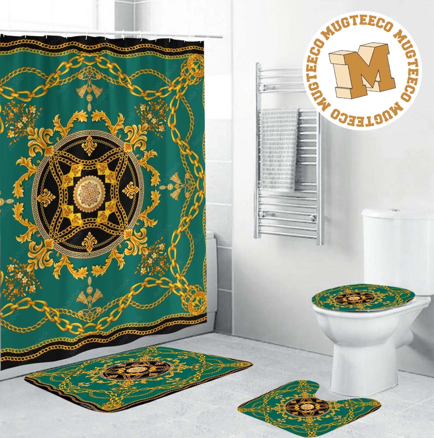 Versace Luxury Golden Baroque And Chains In Green Background Background Bathroom Accessories Set Versace Luxury Golden Baroque And Chains In Green Background Background Bathroom Accessories Set