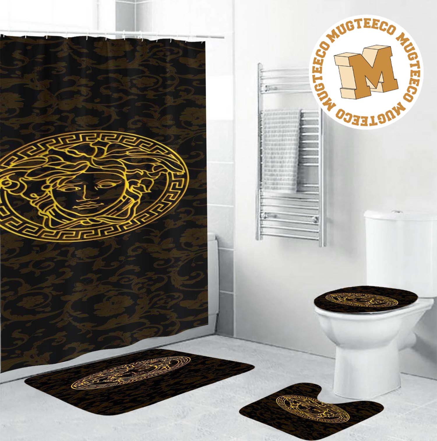 Versace Luxury Golden Medusa With Baroque In Black Base Background Bathroom Accessories Set Versace Luxury Golden Medusa With Baroque In Black Base Background Bathroom Accessories Set