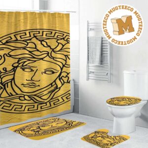 Versace Luxury Greca Logo In Yellow Background Bathroom Shower Curtain Set