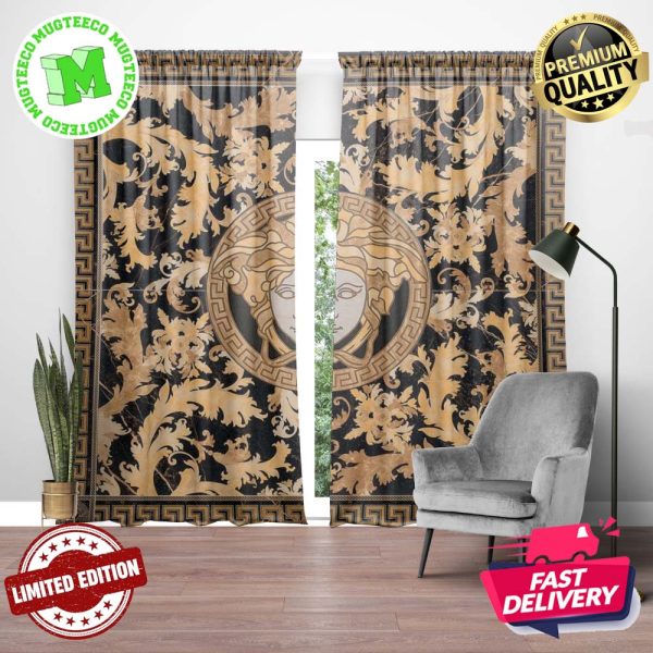 Versace Luxury Signature Beige Logo With Baroque Pattern In Greca Border Window Curtain Versace Luxury Signature Beige Logo With Baroque Pattern In Greca Border Window Curtain