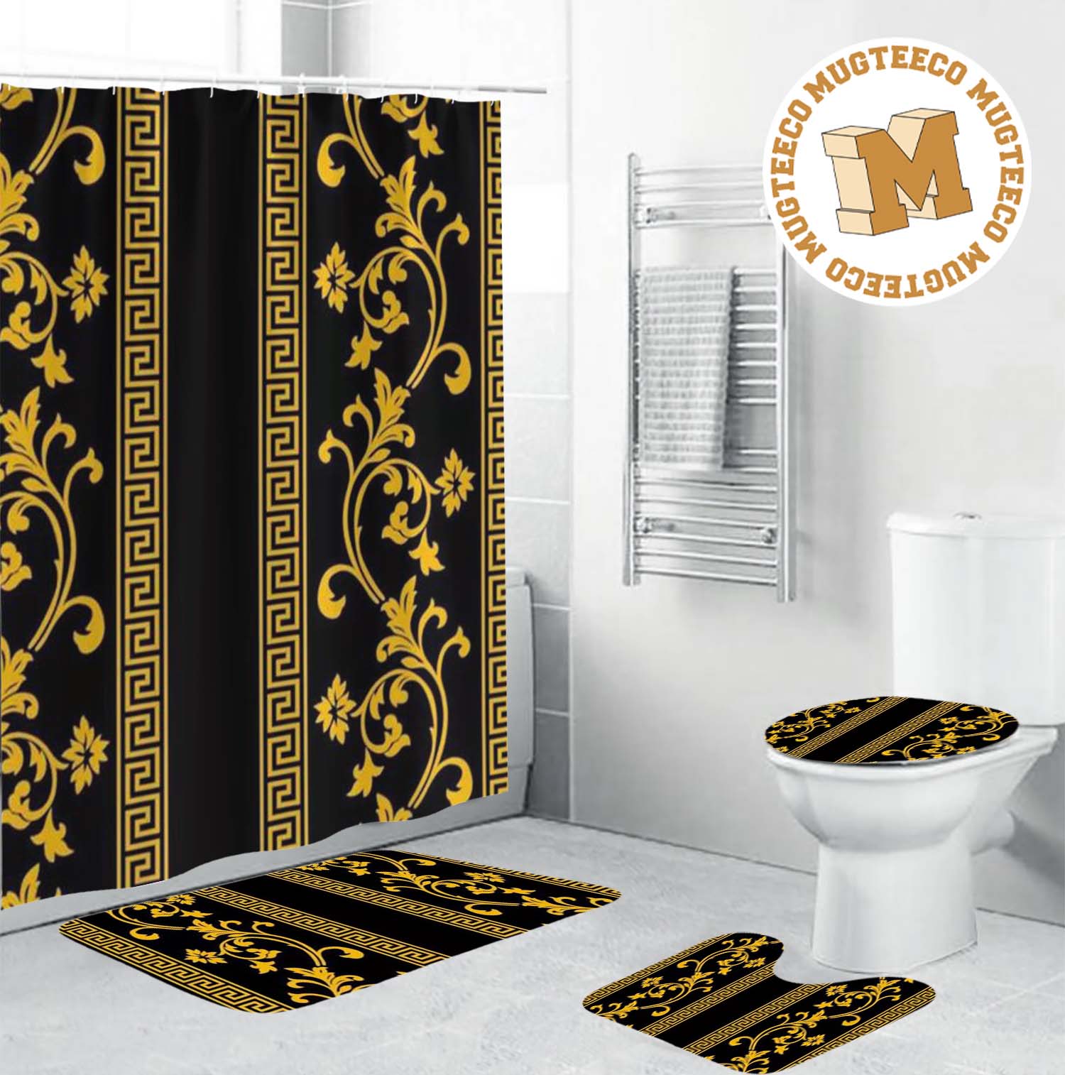 Versace Luxury Yellow Greca And Baroque Pattern In Black Background Bathroom Accessories Set Versace Luxury Yellow Greca And Baroque Pattern In Black Background Bathroom Accessories Set